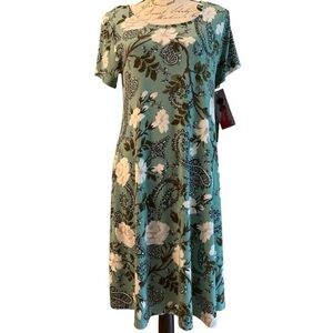 NINA LEONARD Jersey dress, short sleeves,green floral paisley,zigzag tie closure